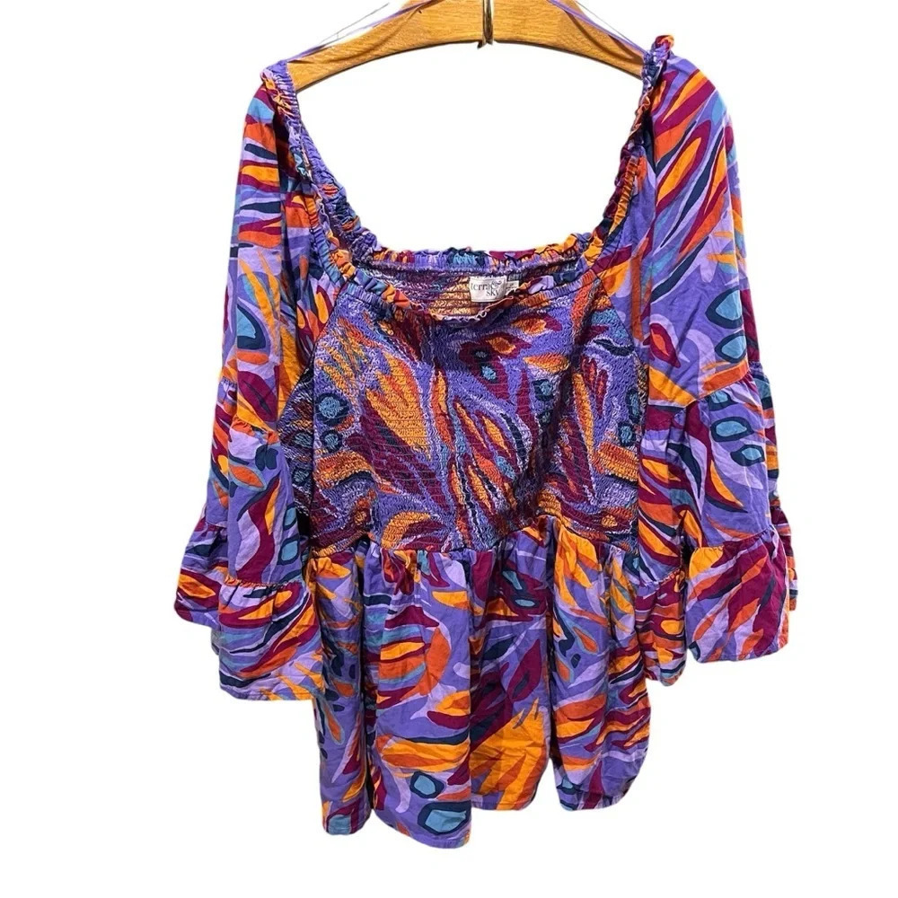 TERRA & SKY ~ Bright  Boho Smocked Top with Tiered Bell Sleeves Cotton Rayon 4X - Picture 3 of 10